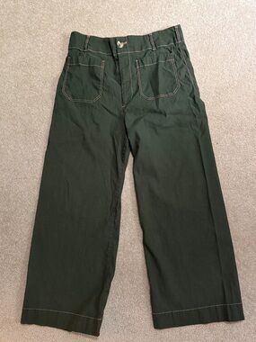 Anthropologie Colette Maeve Olive Green Wide-Leg Trousers with Pink Topstitching
